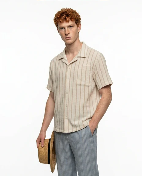 Cream Textured Striped Cuban Collar Short Sleeve Shirt - R217510 - Image 5
