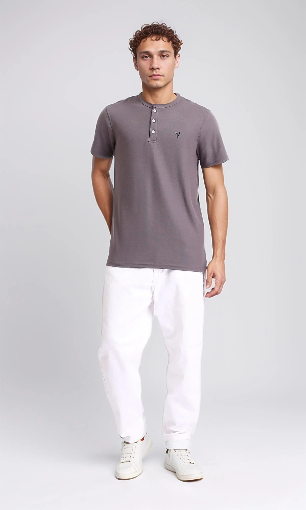 R207075 - Crew Buttoned Neck Henley Shirt - Dark Grey - Image 4