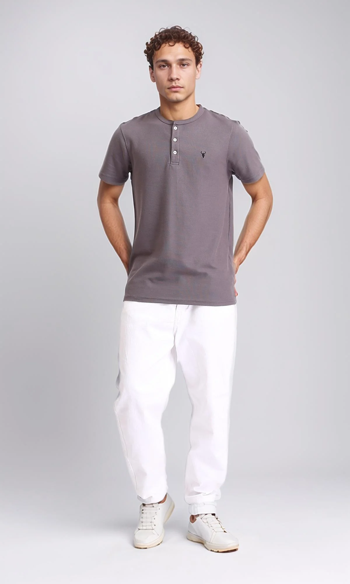 R207075 - Crew Buttoned Neck Henley Shirt - Dark Grey - Image 5
