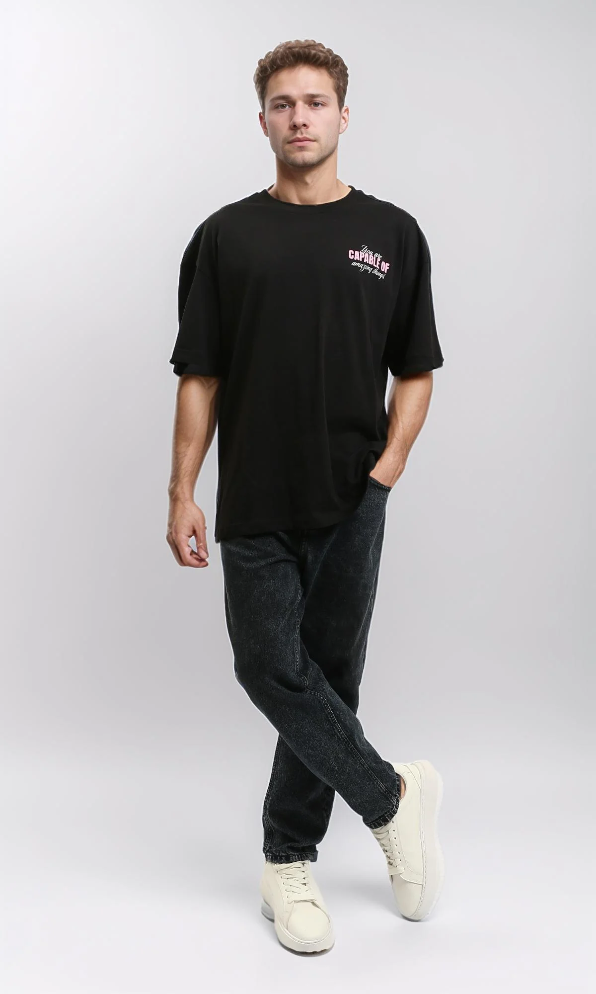 R215735 - Crew Neck Elbow-Sleeve Printed Tee - Black - Image 4