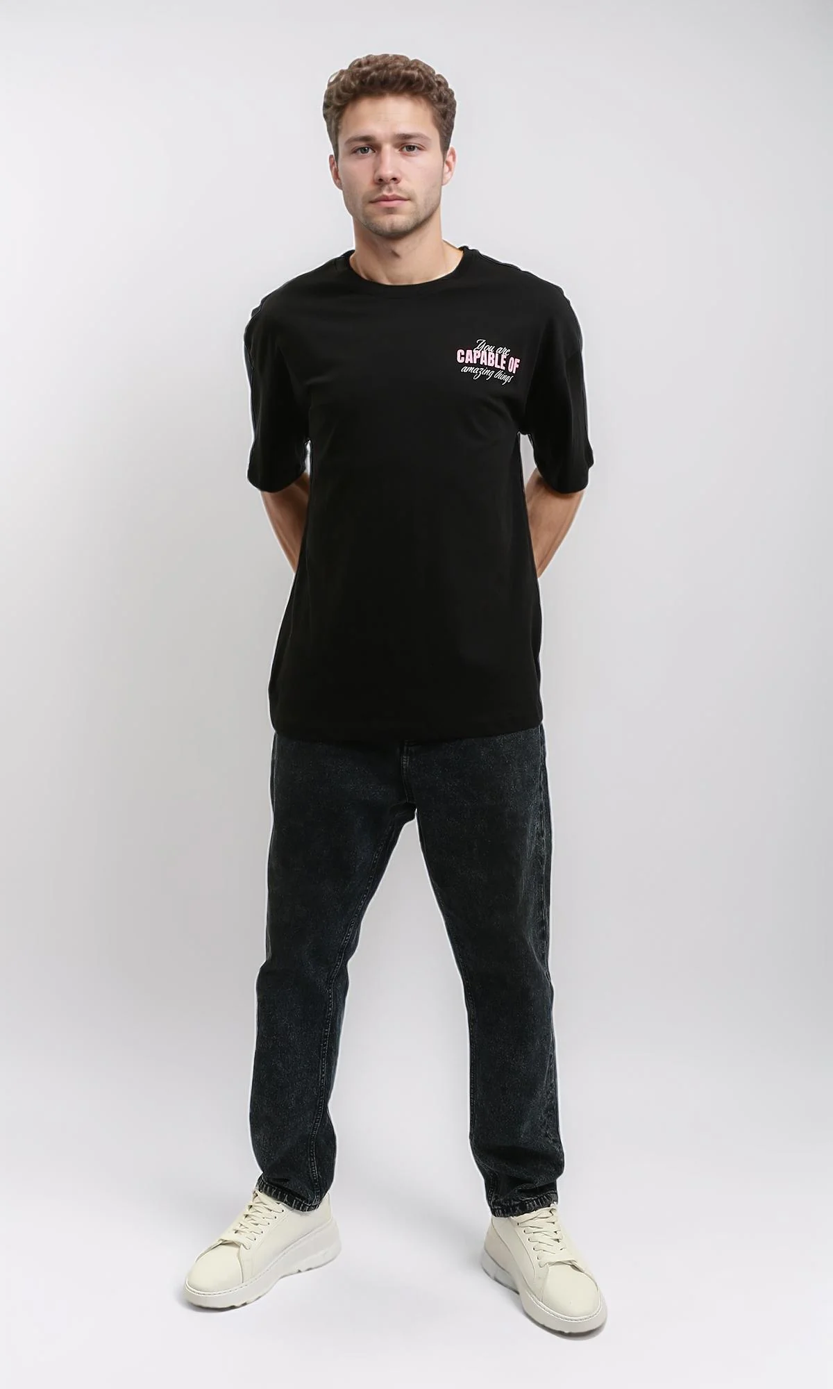 R215735 - Crew Neck Elbow-Sleeve Printed Tee - Black - Image 5
