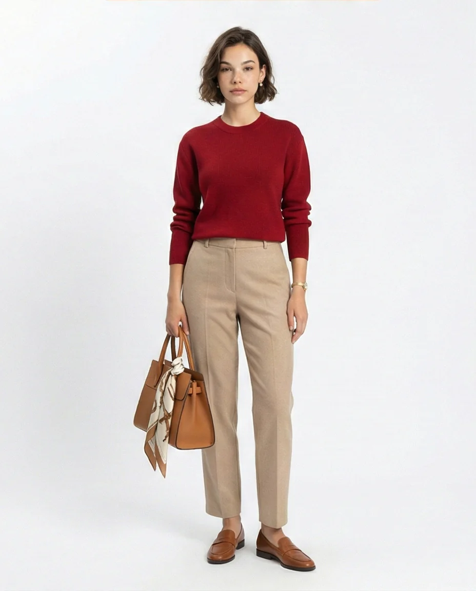 R212634 - Crew Neck Long Sleeves Ribbed Sweater - Dark Red - Image 5