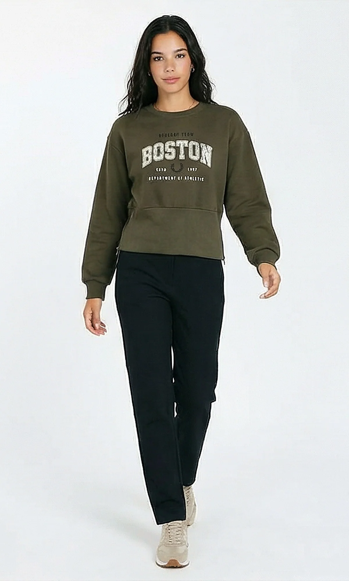 R214911 - Crew Neck Printed Sweatshirt with Corset Waist - Dark Khaki - Image 3