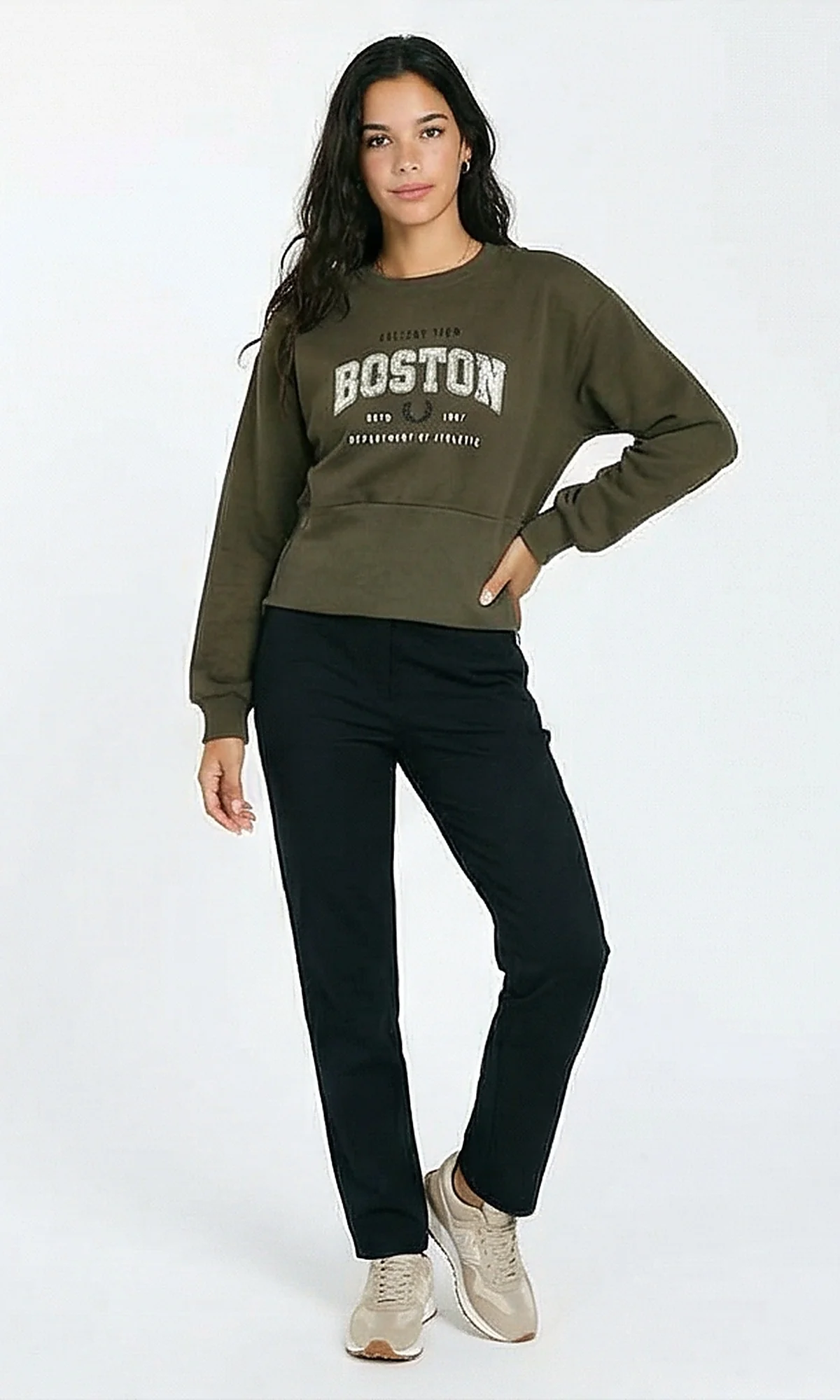 R214911 - Crew Neck Printed Sweatshirt with Corset Waist - Dark Khaki - Image 4
