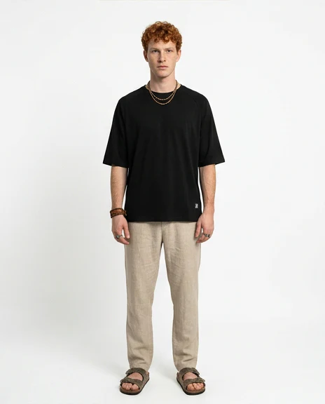 R215870 - Crew Neck Relaxed Fit Cotton Tee - Black - Image 3
