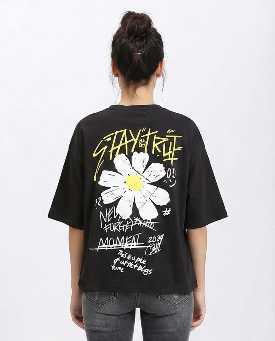 R210516 - Crew Neck Relaxed Summer Tee - Black - Image 2
