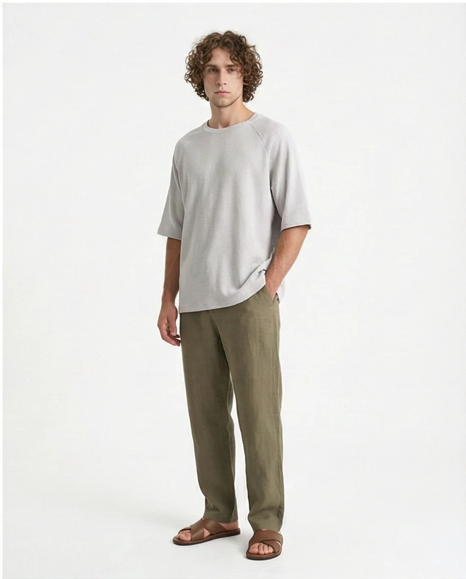 R210938 - Crew Neck Self Pattern Tee - Light Grey - Image 3