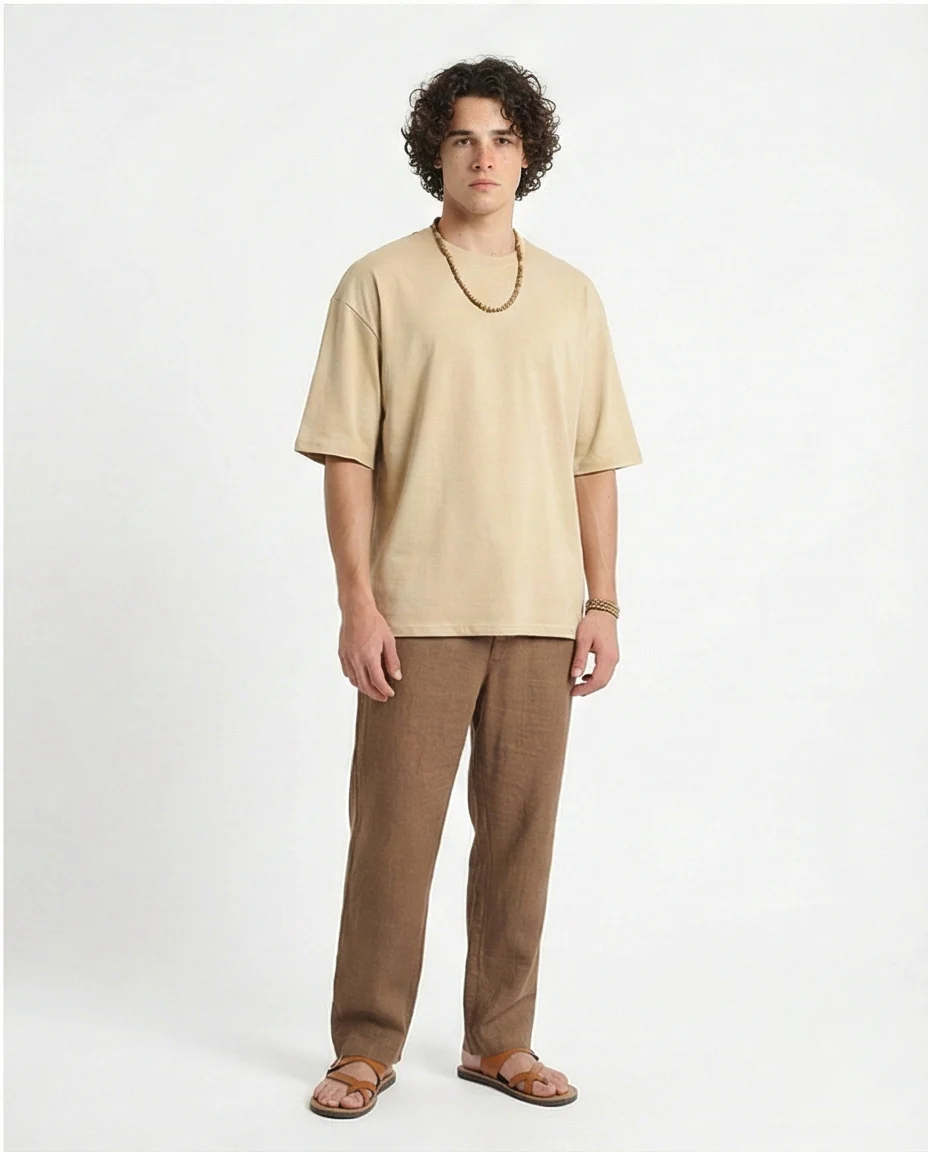 R215864 - Crew Neck Solid Elbow Sleeves Tee - Dark Beige - Image 4