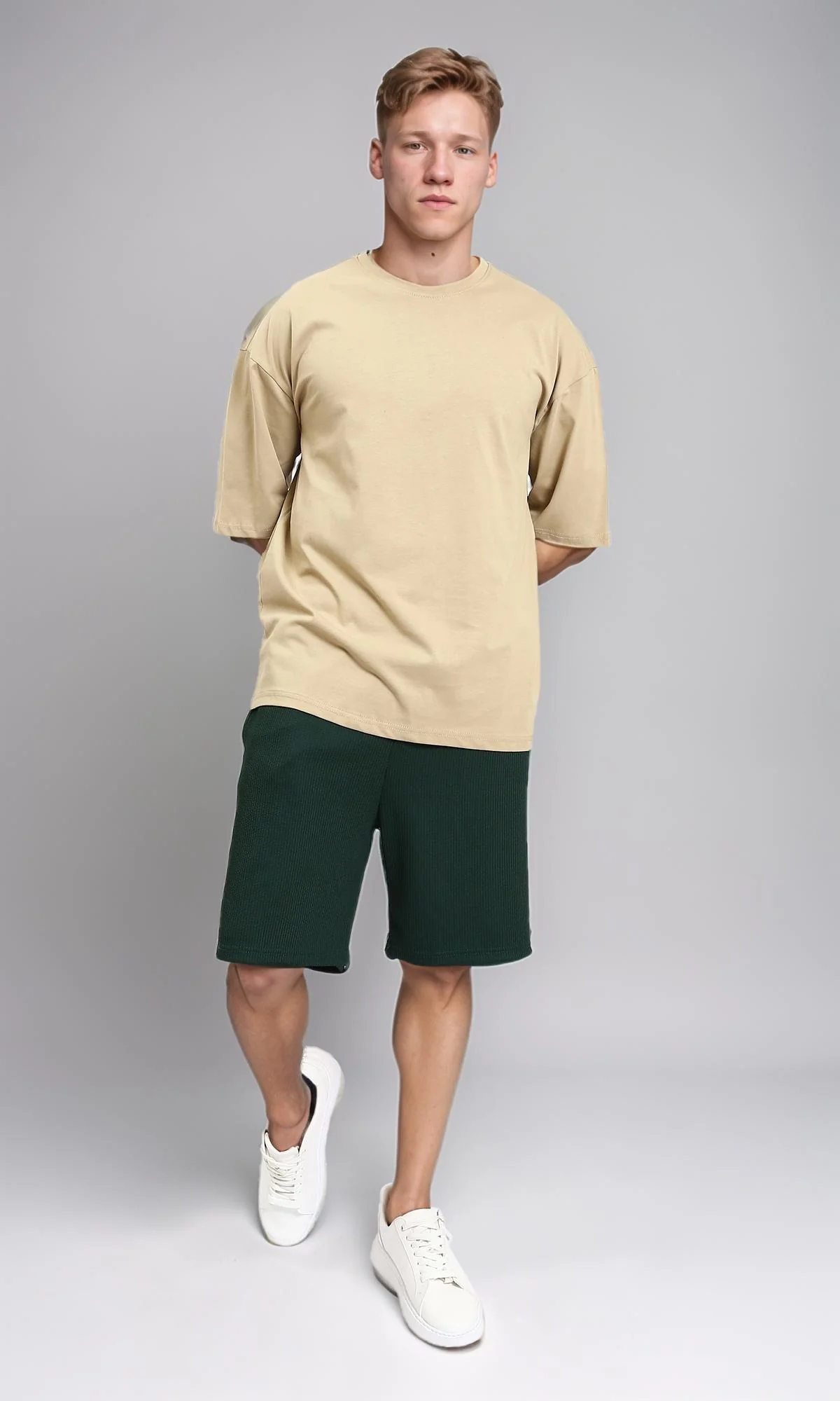 R215864 - Crew Neck Solid Elbow Sleeves Tee - Dark Beige - Image 5