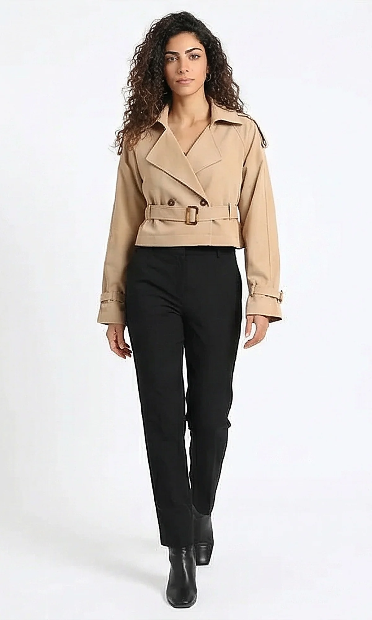 R211072 - Cropped Trench Jacket with Waist Belt - Coffee - Image 3