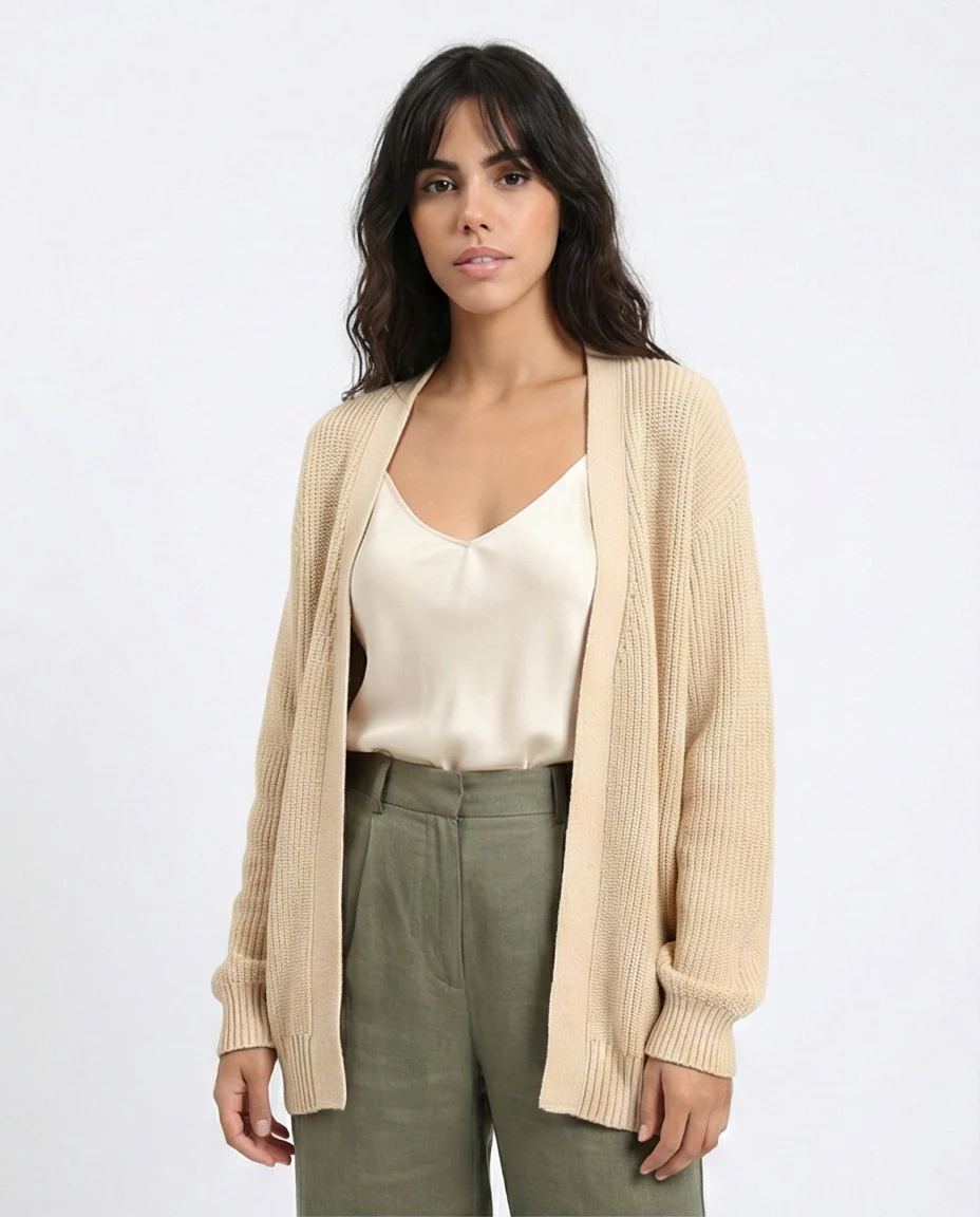 R213640 - Deep V-Neck Buttoned Casual Cardigan - Beige - Image 3