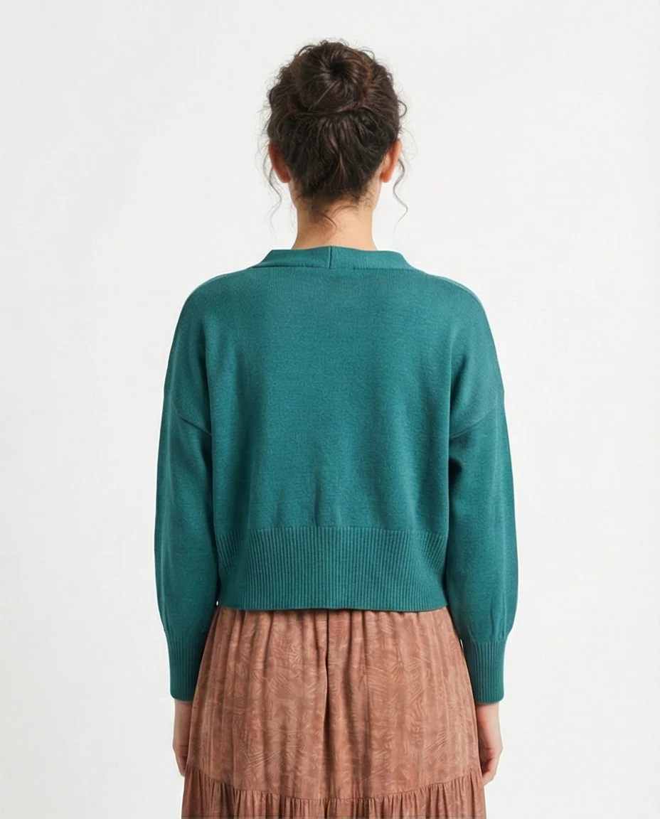 R213648 - Deep V-Neck Buttoned Short Cardigan - Light Teal - Image 2
