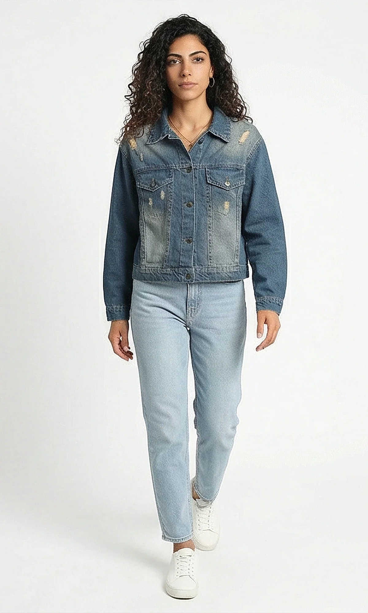 Distressed Medium Wash Classic Denim Jacket - Image 4