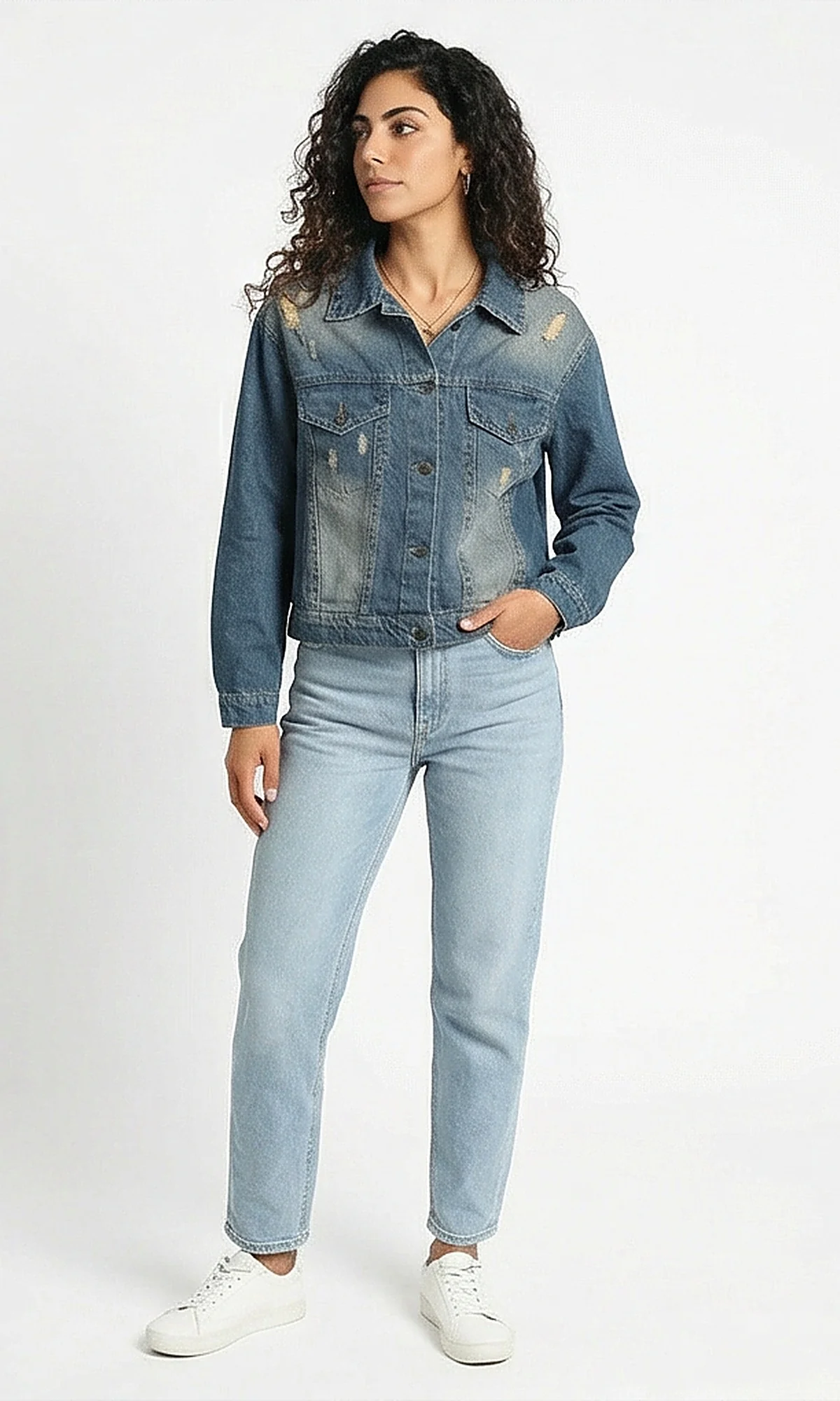Distressed Medium Wash Classic Denim Jacket - Image 5