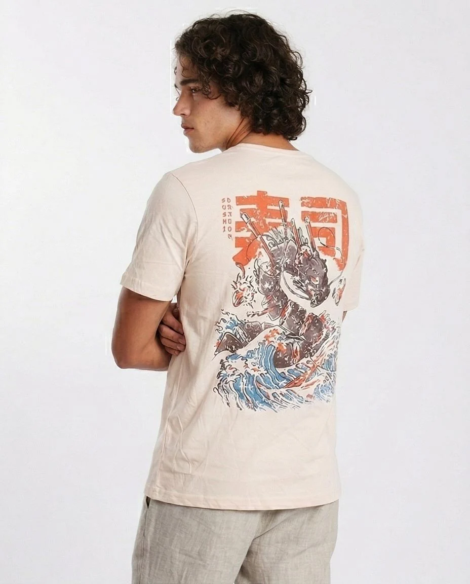 Ravin Dragon Sushi Oversized Graphic Tee - Japanese Calligraphy Streetwear - Beige Modern Boho Tee - O203093 - Image 2