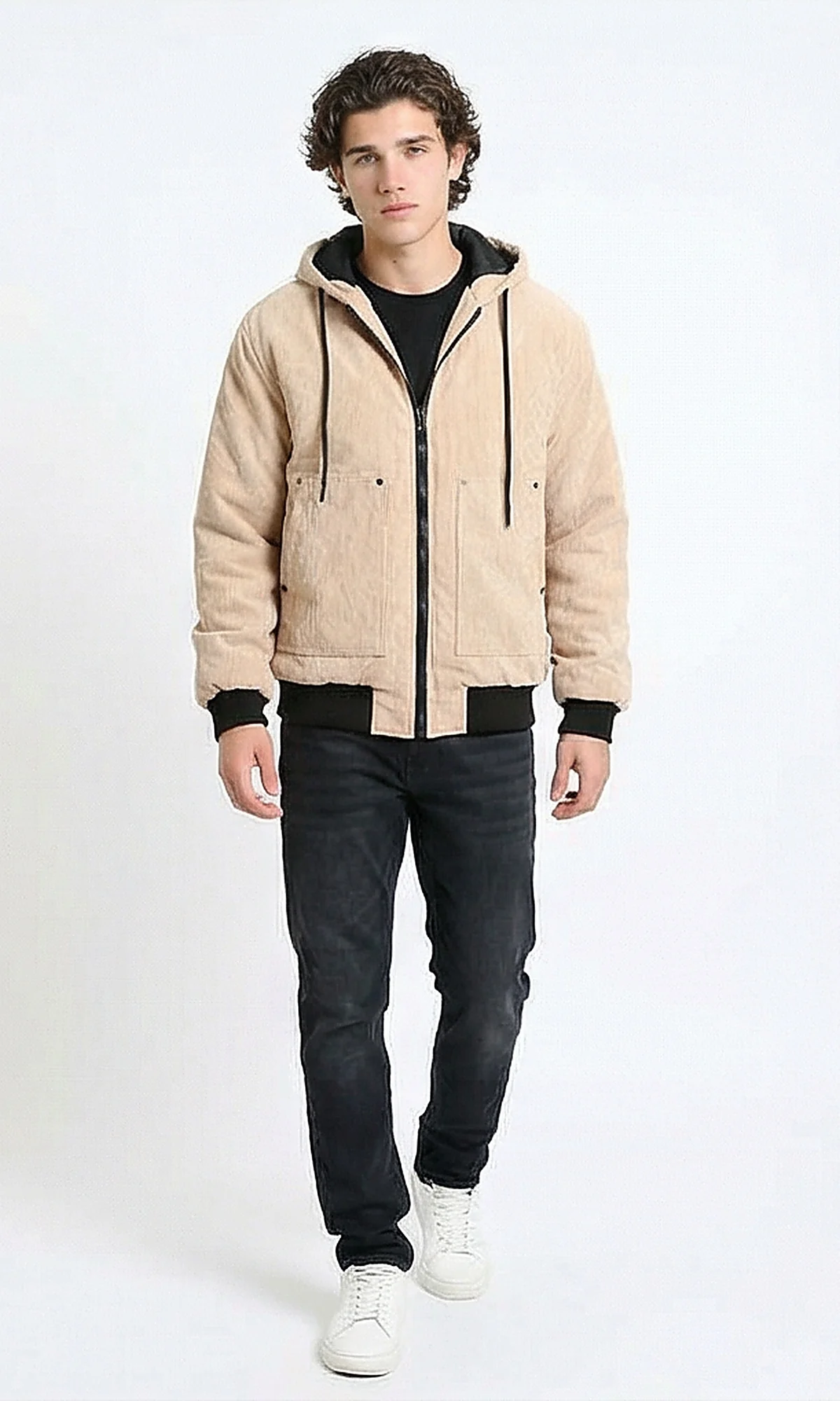 R212167 - Drawstring Hooded Neck Corduroy Jacket - Nude - Image 3
