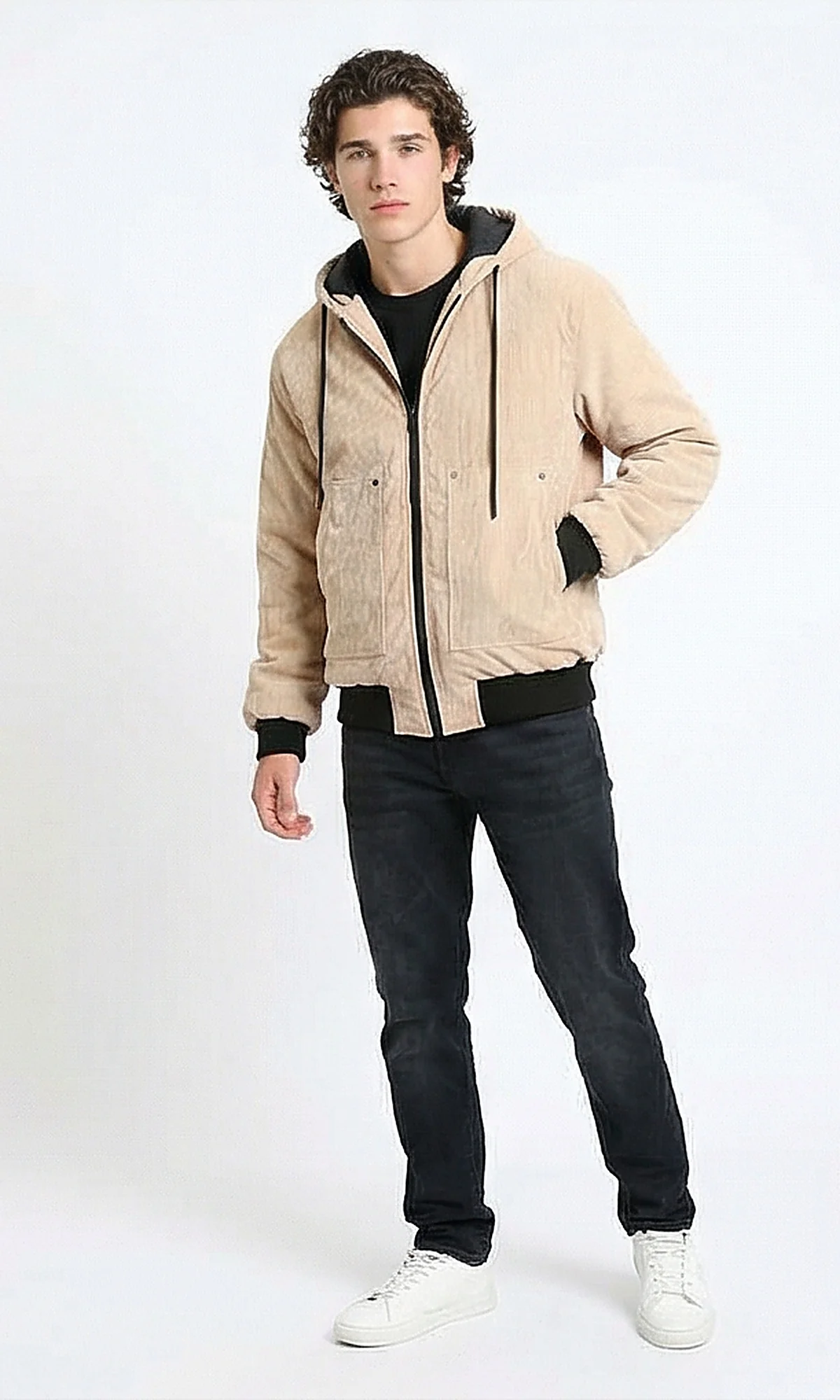 R212167 - Drawstring Hooded Neck Corduroy Jacket - Nude - Image 4