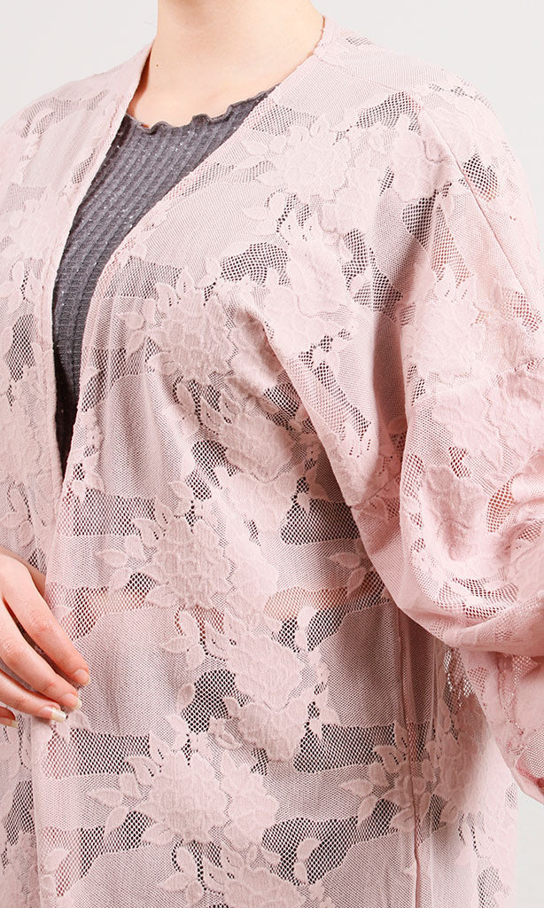 Dusty Rose Floral Lace Open-Front Long Cardigan - Image 3