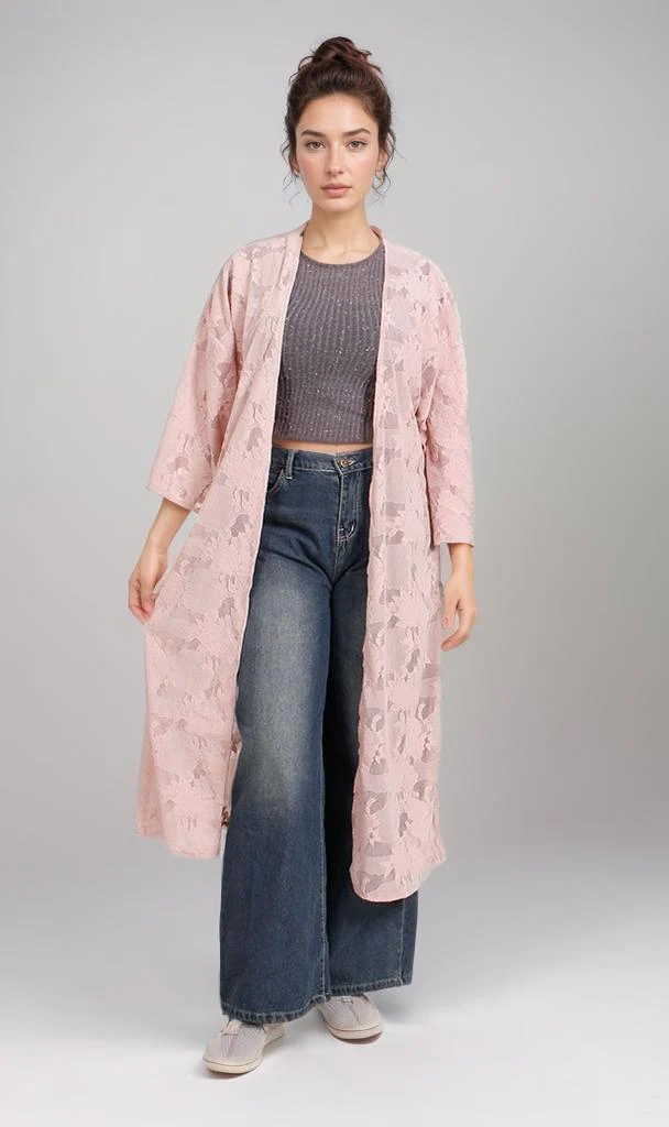 Dusty Rose Floral Lace Open-Front Long Cardigan - Image 4