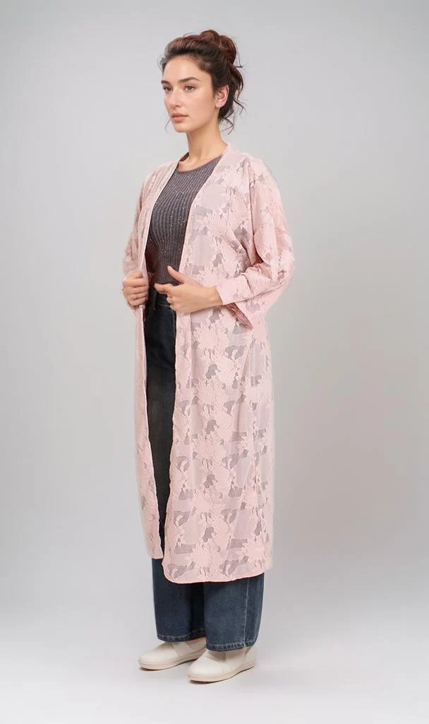 Dusty Rose Floral Lace Open-Front Long Cardigan - Image 5
