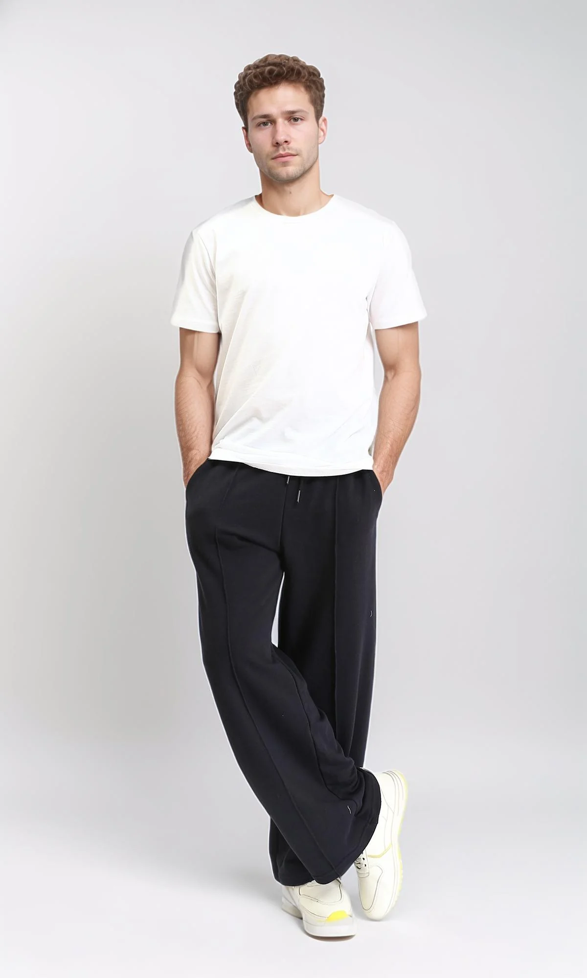 R210568 - Elastic Waist with Drawstring Wide Pants - Black - Image 2