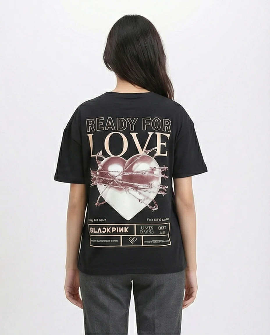 R211624 - Elbow Sleeves Crew Neck Printed Tee - Black - Image 2