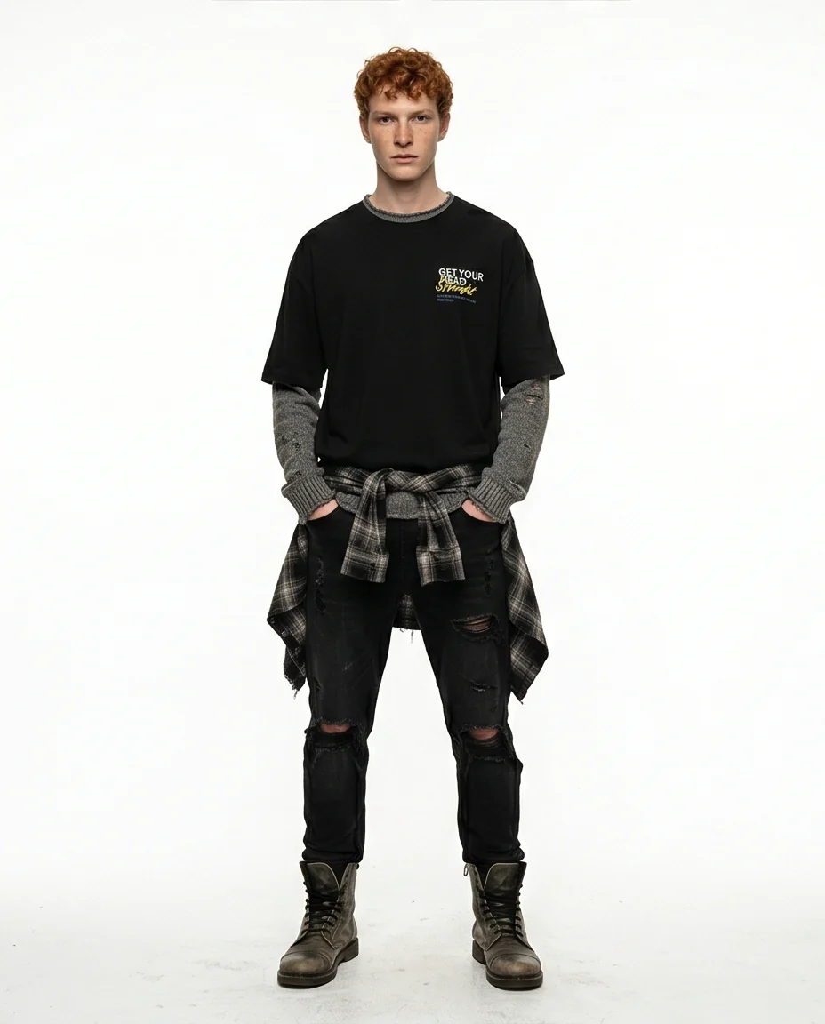 R209415 - Elbow Sleeves Printed Summer Tee - Black - Image 3
