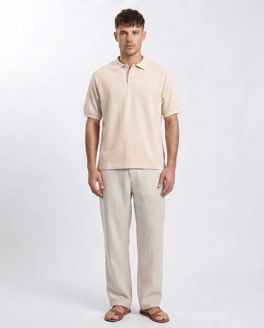 Elbow Sleeves Solid Polo Shirt - Beige - R208946 - Image 3