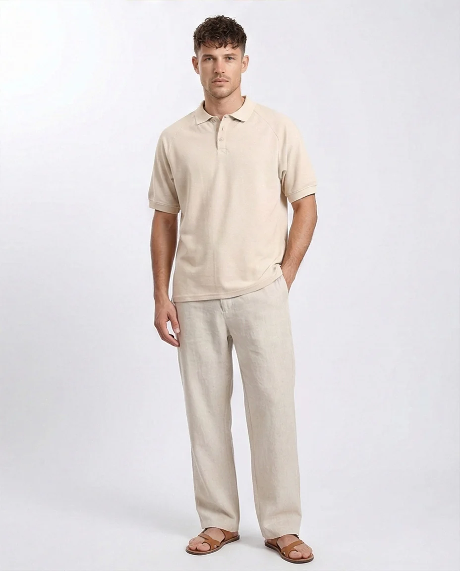 Elbow Sleeves Solid Polo Shirt - Beige - R208946 - Image 4