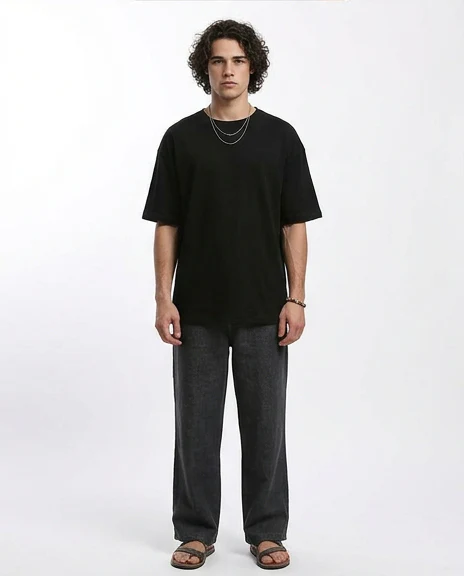 R215861 - Elbow-Sleeves Solid Relaxed Basic Tee - Black - Image 3