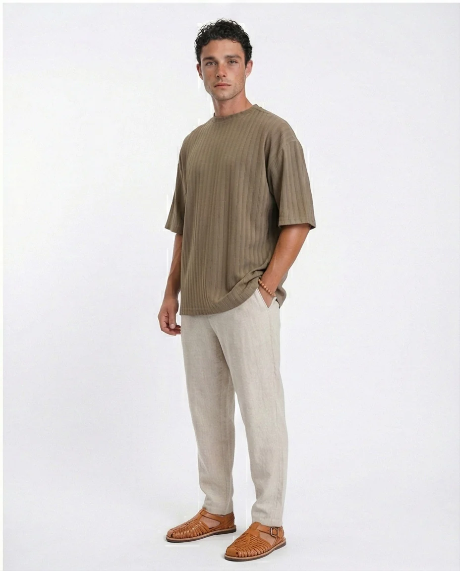 R212654 - Elbow Sleeves Striped Casual Tee - Dark Khaki - Image 3