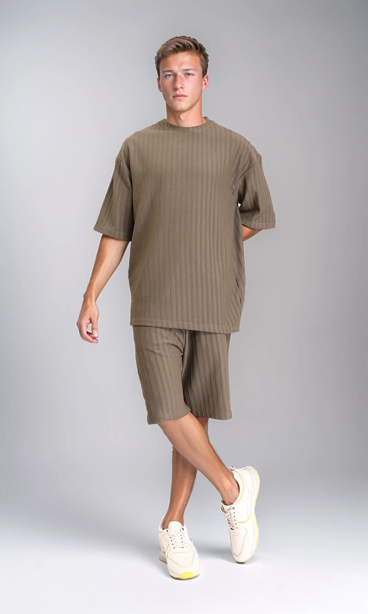 R212654 - Elbow Sleeves Striped Casual Tee - Dark Khaki - Image 5