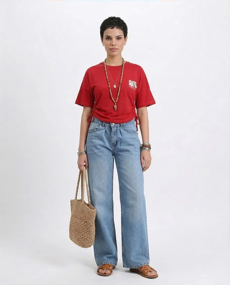R209235 - Elbow Sleeves Tee with Side Drawstrings - Red - Image 3