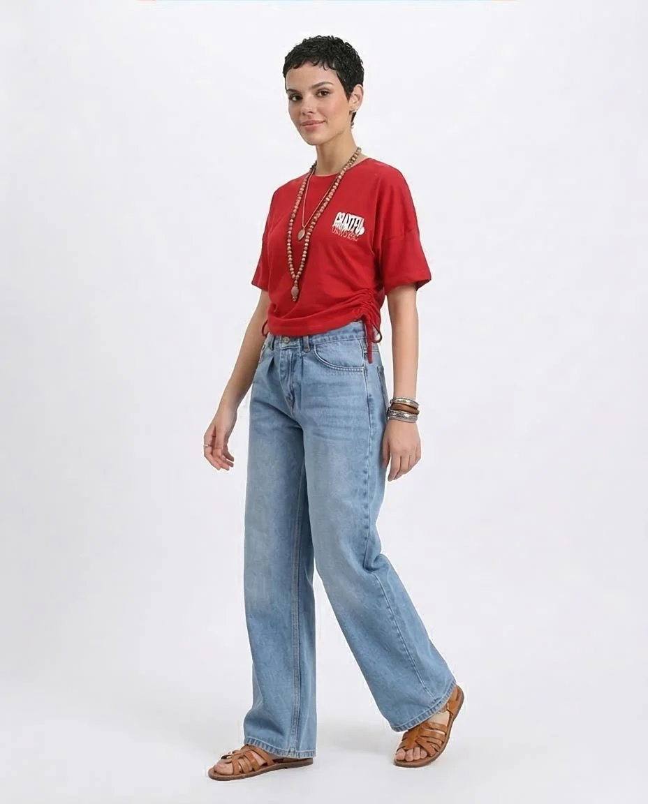 R209235 - Elbow Sleeves Tee with Side Drawstrings - Red - Image 5