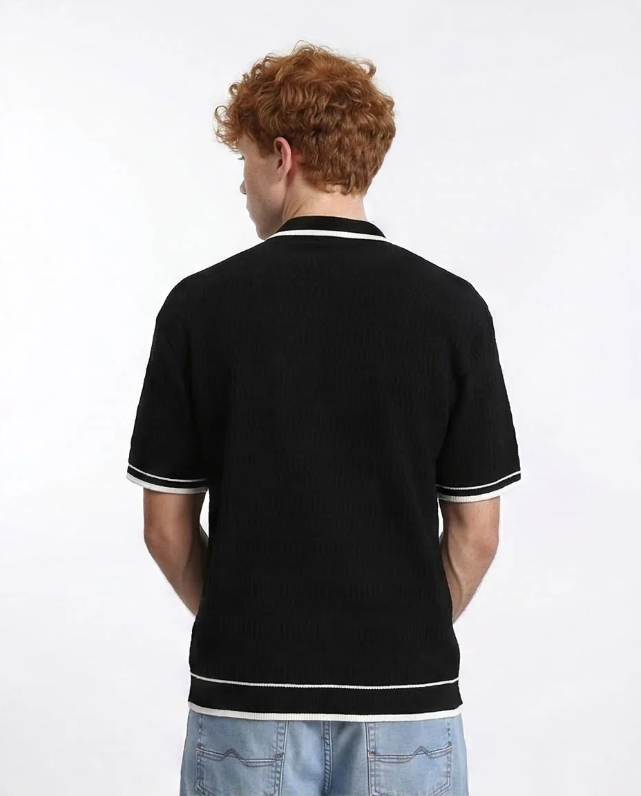 R213024 - Elbow Sleeves Zipped Polo Shirt - Black - Image 2