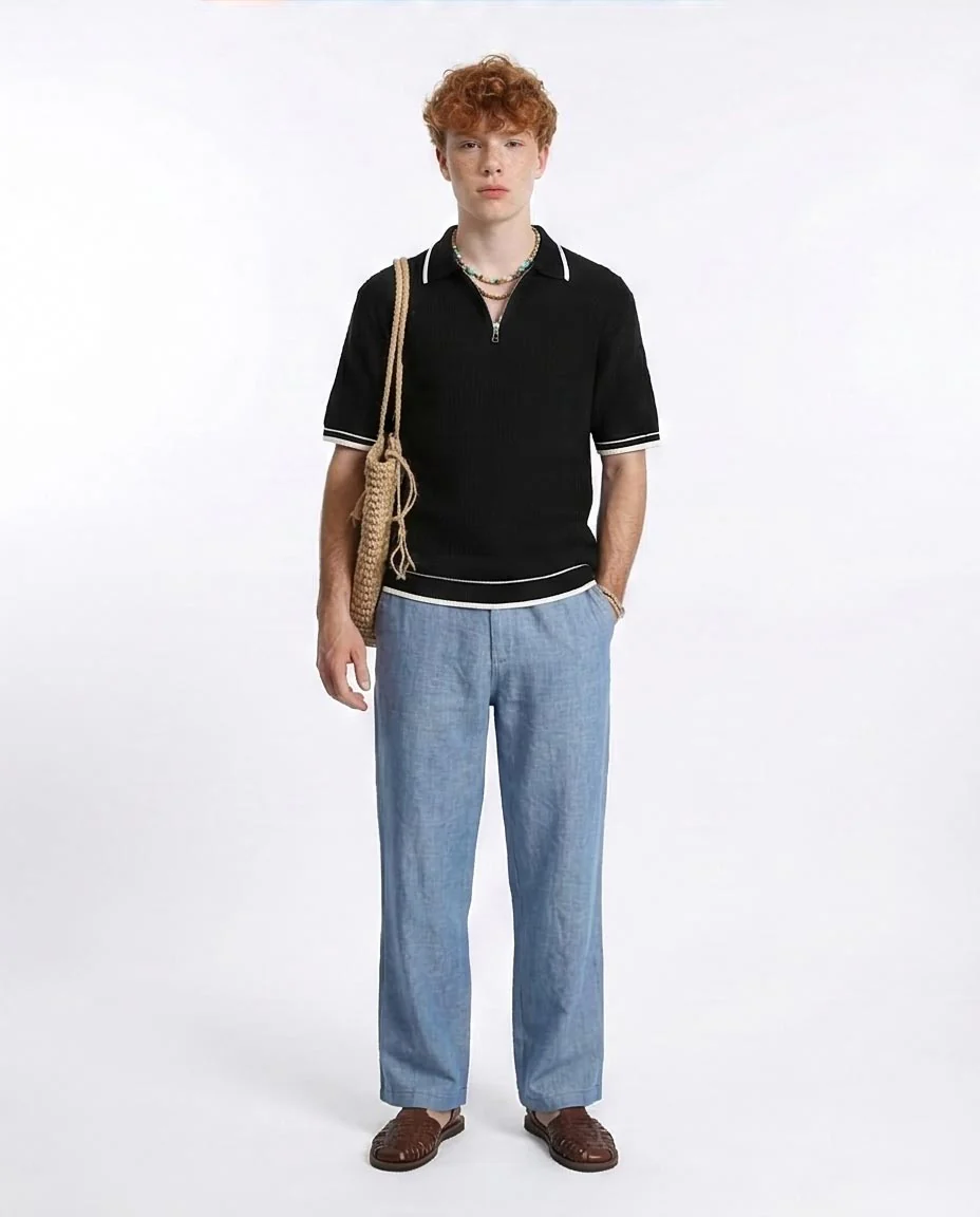 R213024 - Elbow Sleeves Zipped Polo Shirt - Black - Image 3