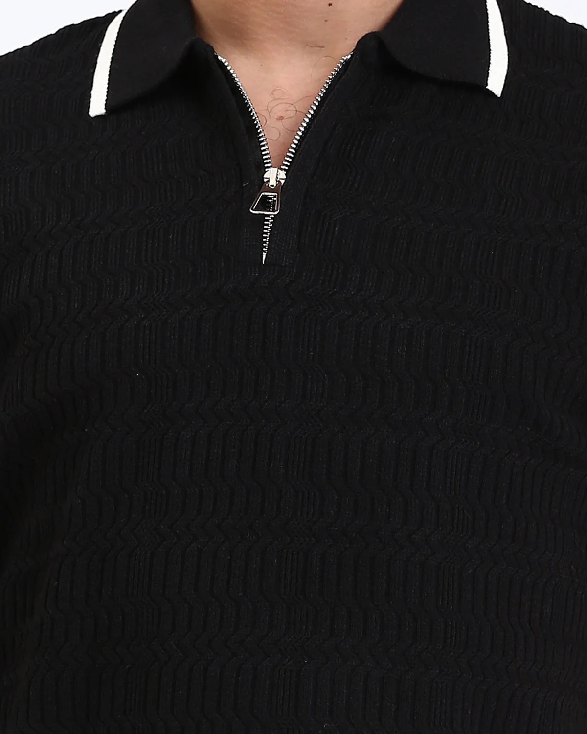 R213024 - Elbow Sleeves Zipped Polo Shirt - Black - Image 4