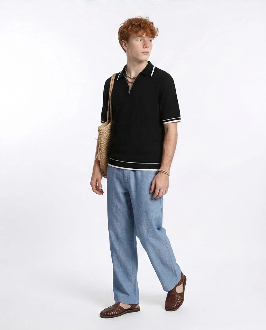 R213024 - Elbow Sleeves Zipped Polo Shirt - Black - Image 5