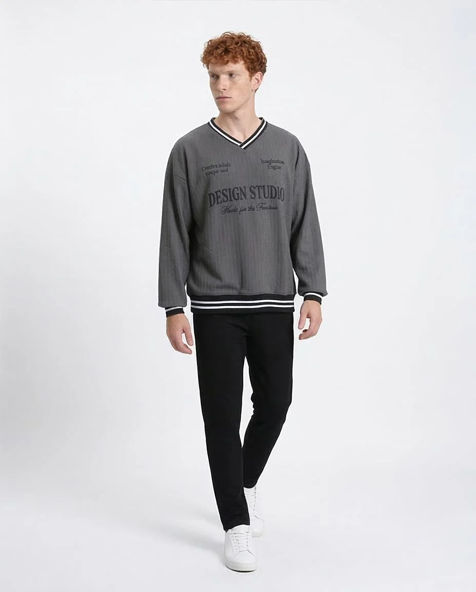 Embroidered "Design Studio" Slip On Sweatshirt - Dark Grey - R214676 - Image 5