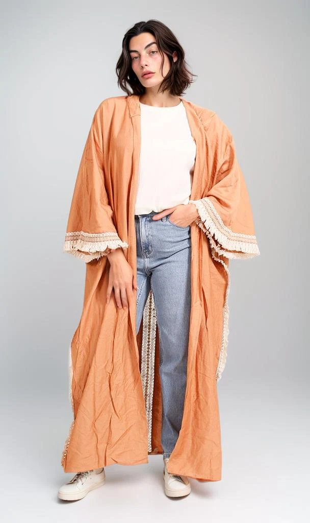 O204327 - Embroidered Linen Kimono - Rust Brown - Image 5