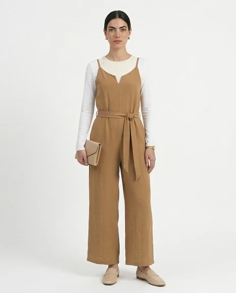 Ravin Essential Textured Wide-Leg Jumpsuit — Camel R216765 - Image 3