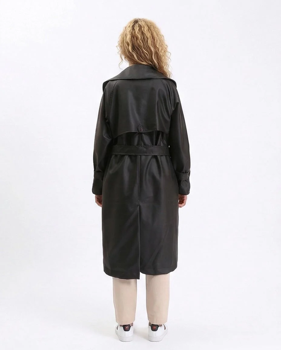 Ravin Faux-Leather Belted Long Trench Coat - R211879 - Image 2