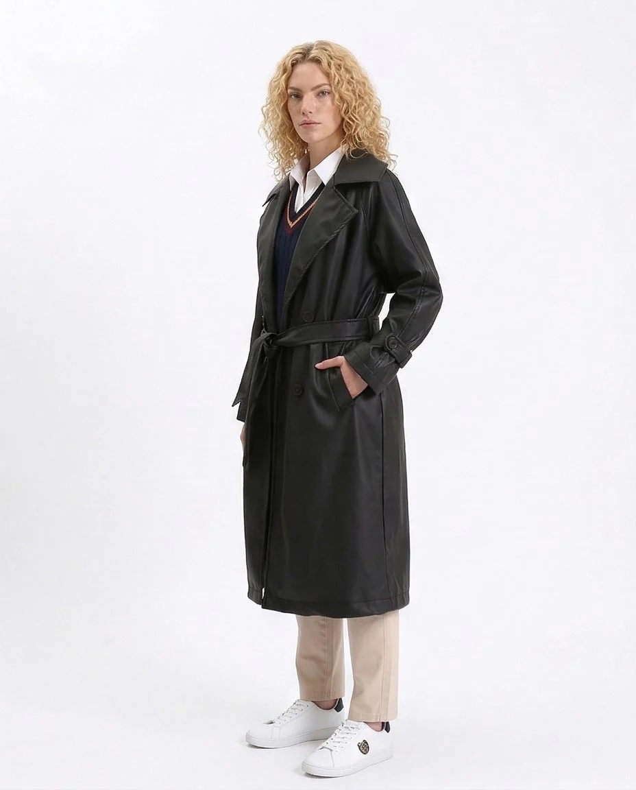 Ravin Faux-Leather Belted Long Trench Coat - R211879 - Image 4