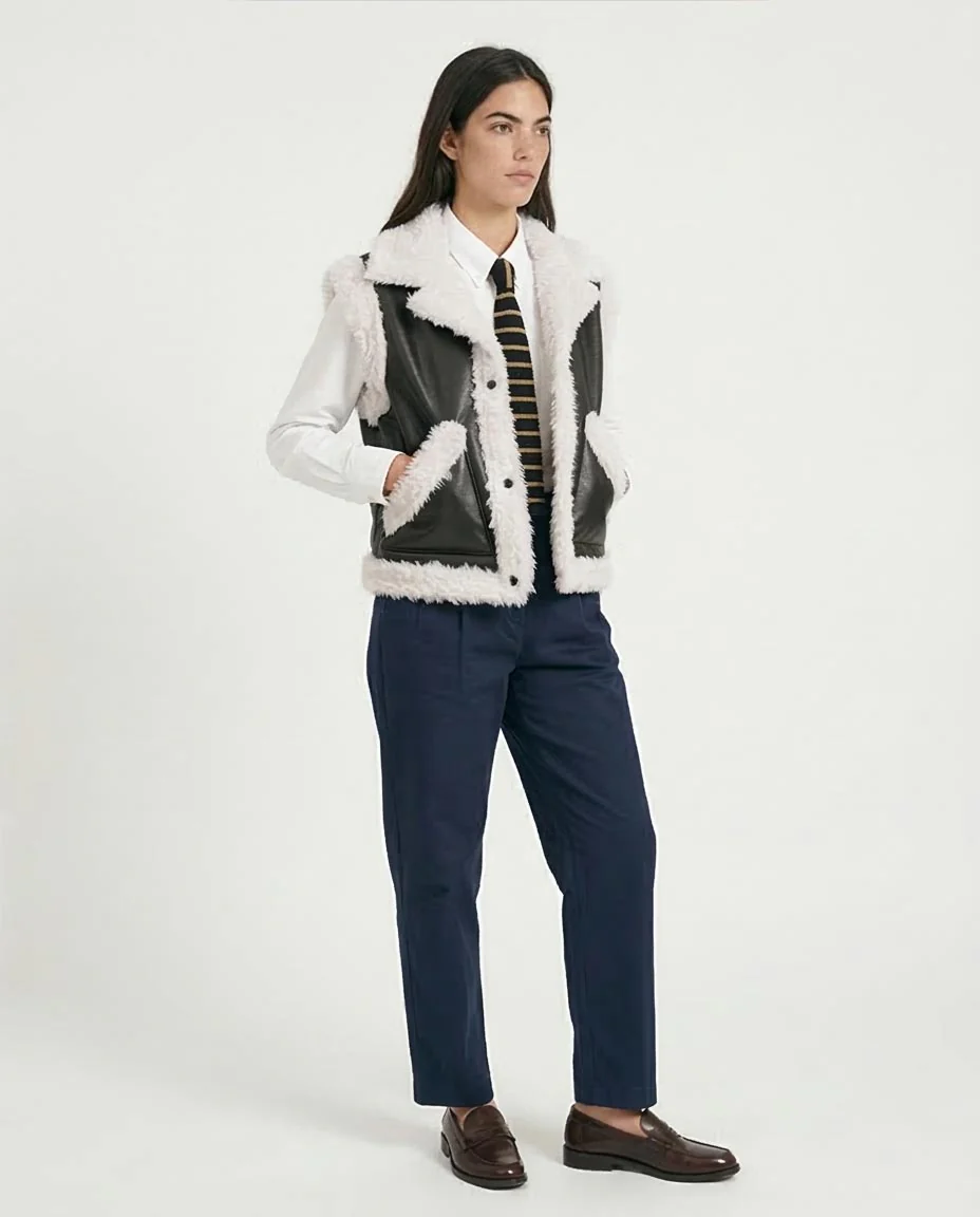 Ravin Faux Leather & Shearling Trimmed Biker Vest - Black & White - O202292 - Image 5