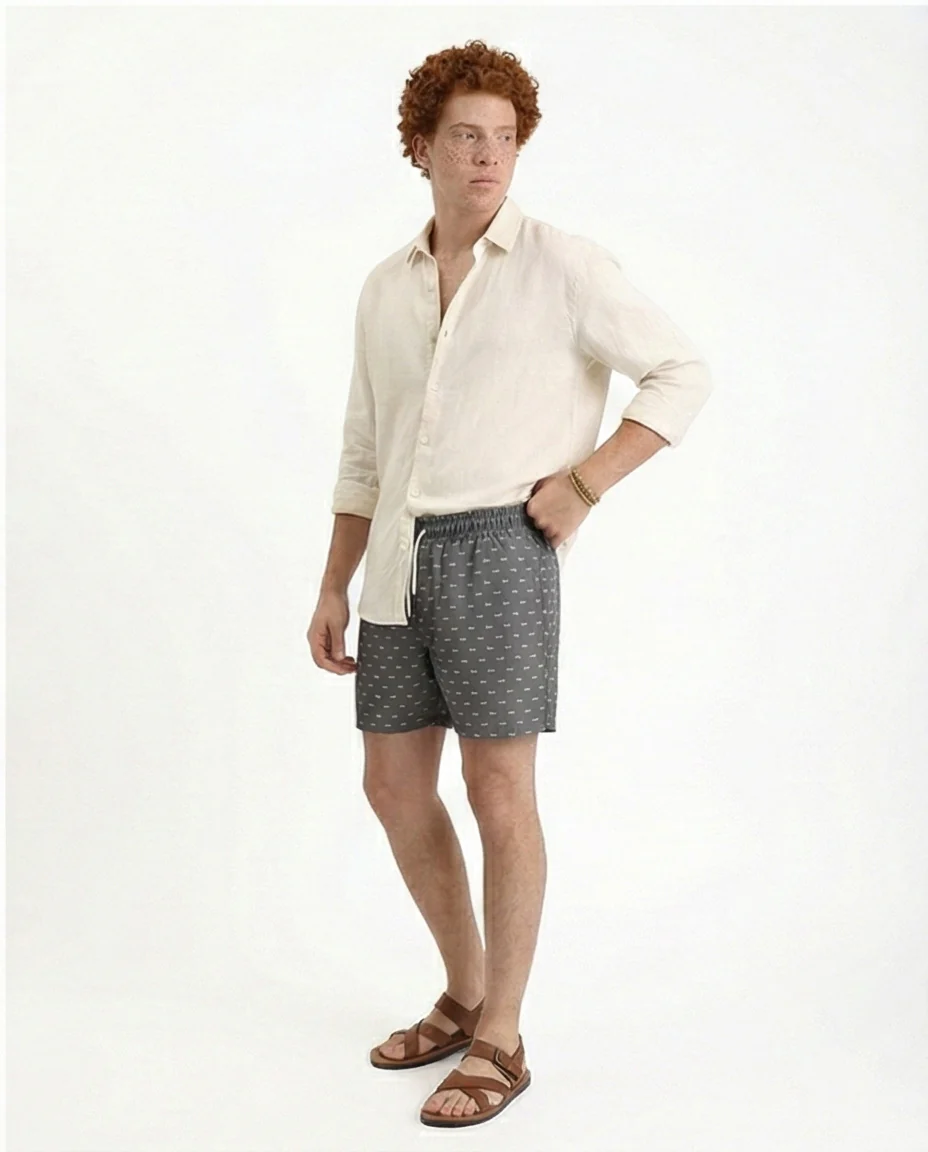 R210293 - Fish Pattern Slip On Swim Short - Dark Grey - Image 4