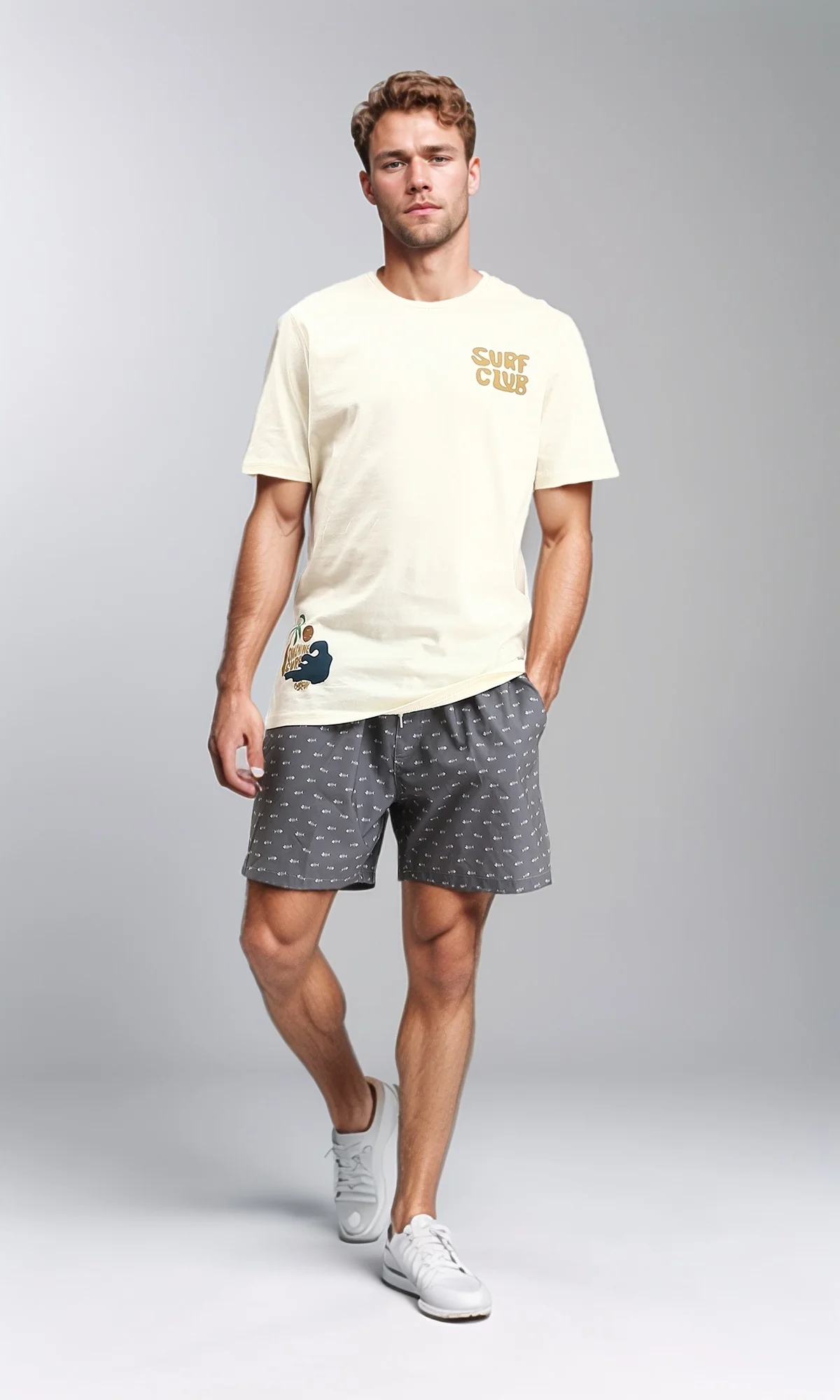 R210293 - Fish Pattern Slip On Swim Short - Dark Grey - Image 5