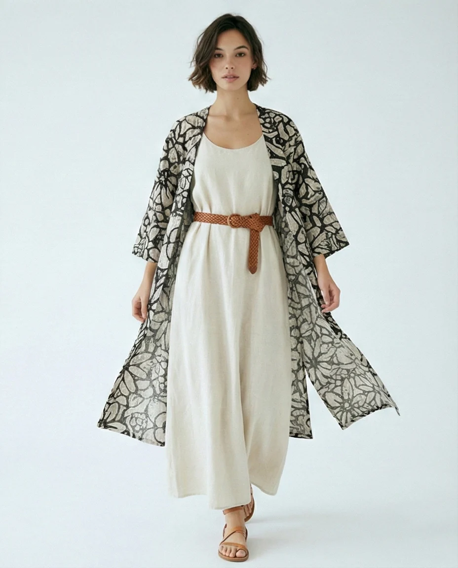Floral Print Longline Cardigan in Black & Beige - Image 3