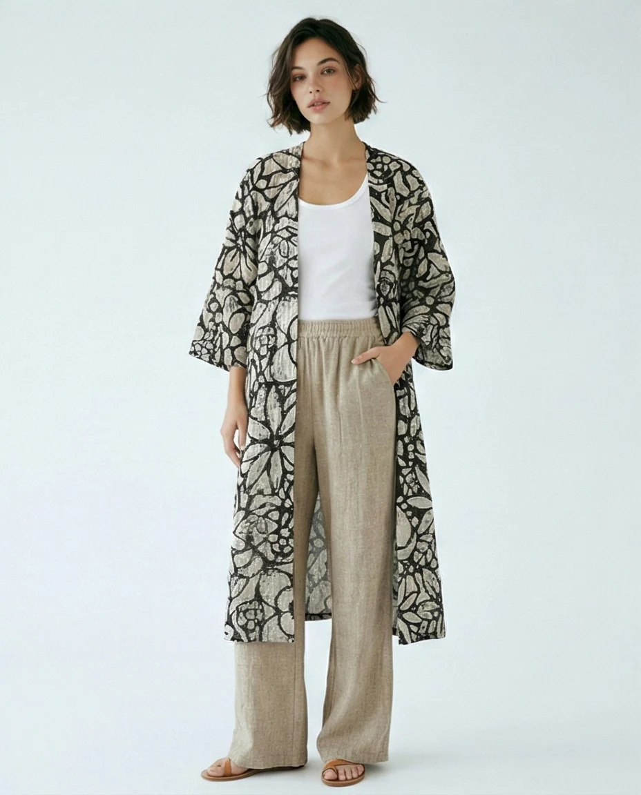 Floral Print Longline Cardigan in Black & Beige - Image 4