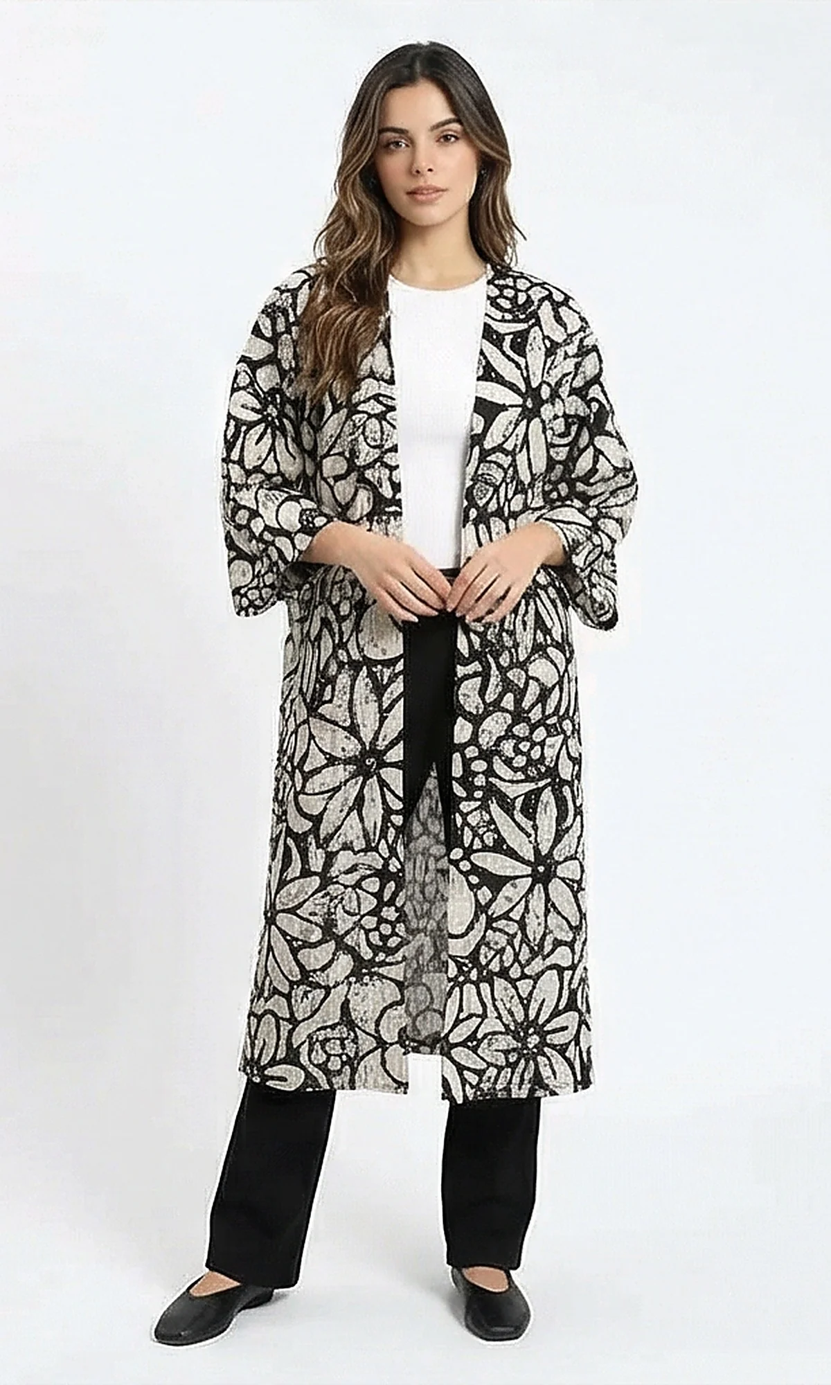 Floral Print Longline Cardigan in Black & Beige - Image 5