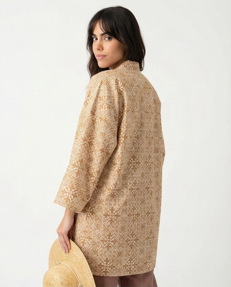 R206501 - Floral Printed Crepe Chiffon Kimono - Beige - Image 2